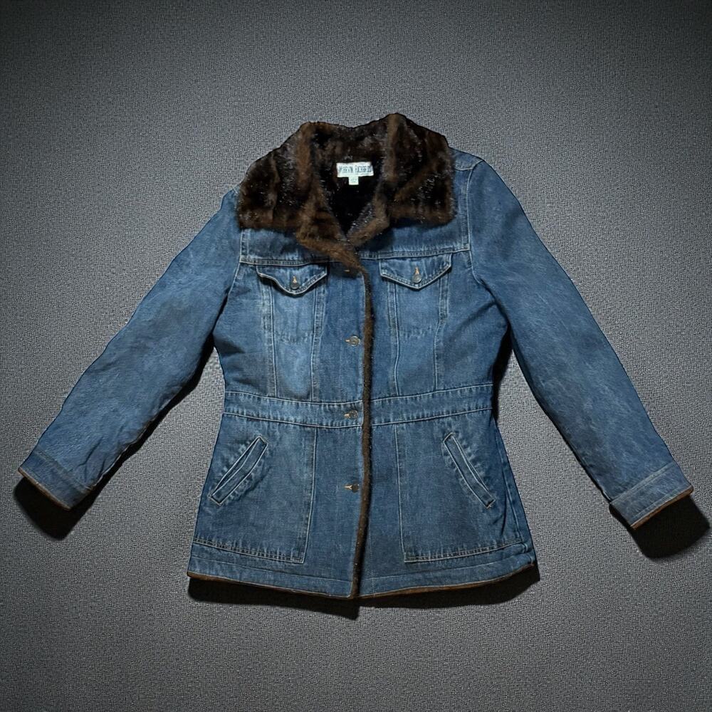 Marvin Richards Jacket Womens Blue Denim Brown Faux Fur Penny Lane 3/4 Size L